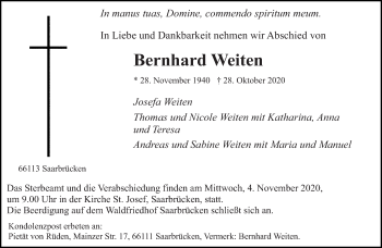 Traueranzeige von Bernhard Weiten von saarbruecker_zeitung