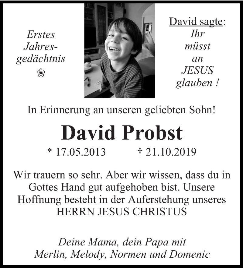 Traueranzeige für David Probst vom 24.10.2020 aus saarbruecker_zeitung