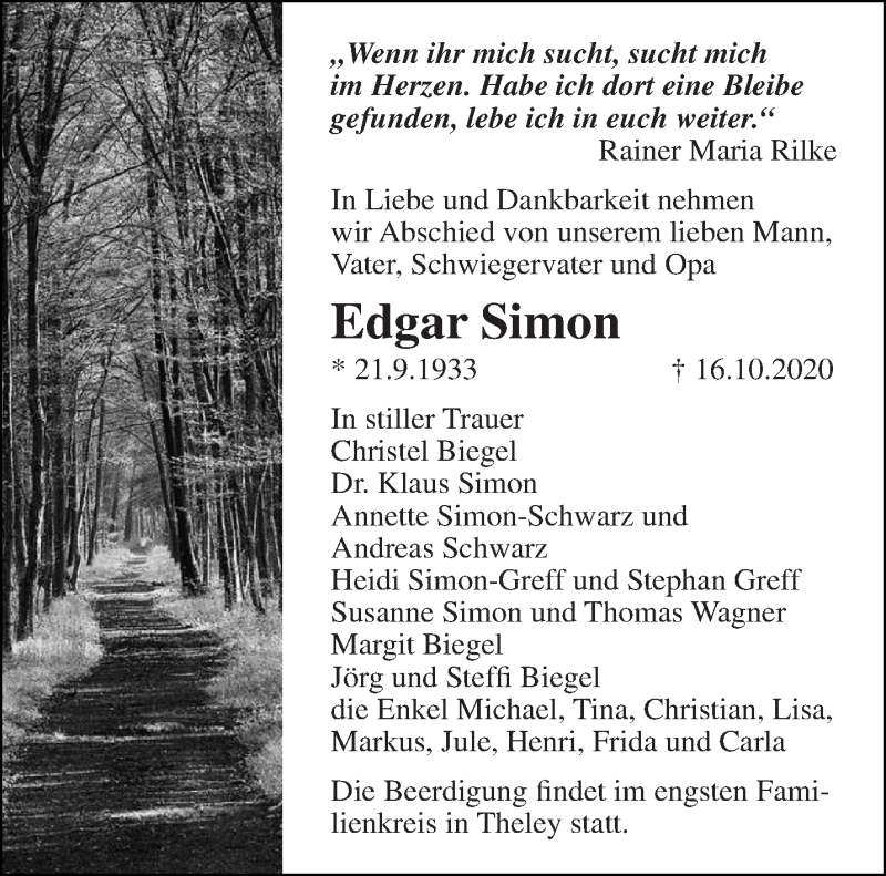  Traueranzeige für Edgar Simon vom 21.10.2020 aus saarbruecker_zeitung