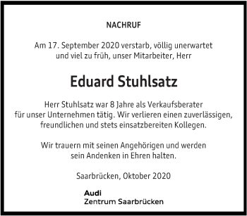 Traueranzeige von Eduard  Stuhlsatz von saarbruecker_zeitung