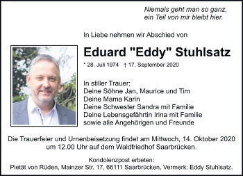 Traueranzeige von Eduard  Stuhlsatz von saarbruecker_zeitung