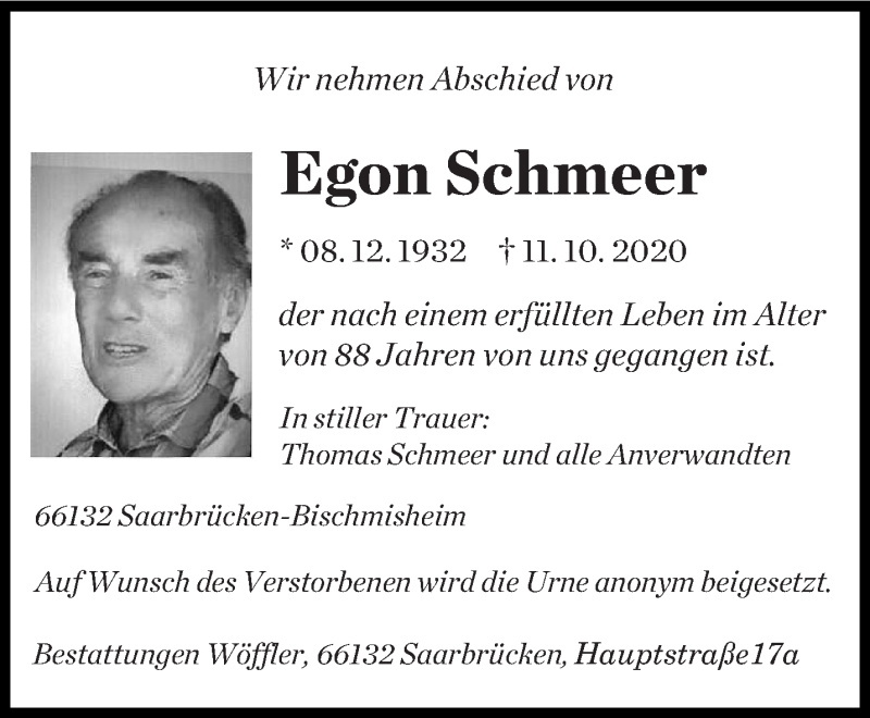  Traueranzeige für Egon Schmeer vom 17.10.2020 aus saarbruecker_zeitung