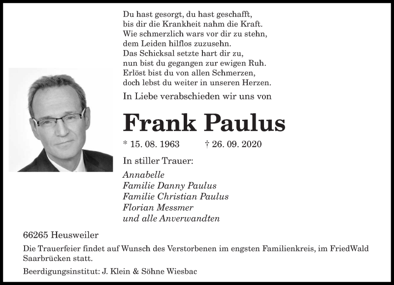  Traueranzeige für Frank Paulus vom 02.10.2020 aus saarbruecker_zeitung
