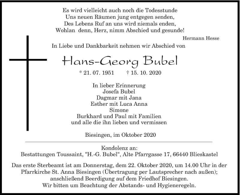  Traueranzeige für Hans-Georg Bubel vom 19.10.2020 aus saarbruecker_zeitung