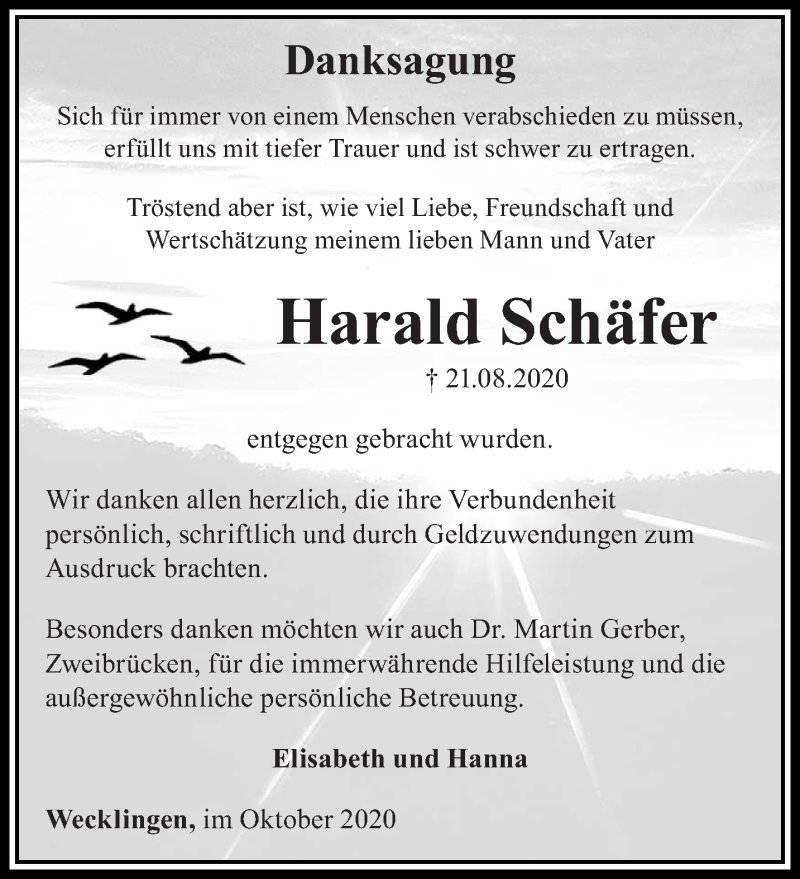  Traueranzeige für Harald Schäfer vom 14.10.2020 aus saarbruecker_zeitung