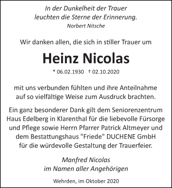 Traueranzeige von Heinz Nicolas von saarbruecker_zeitung