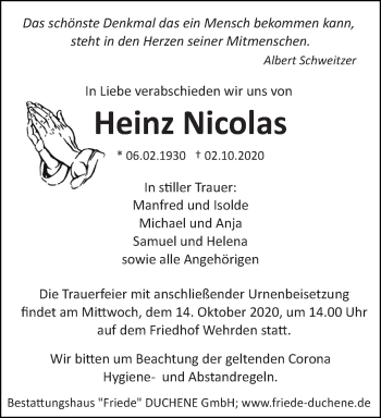 Traueranzeige von Heinz Nicolas von saarbruecker_zeitung