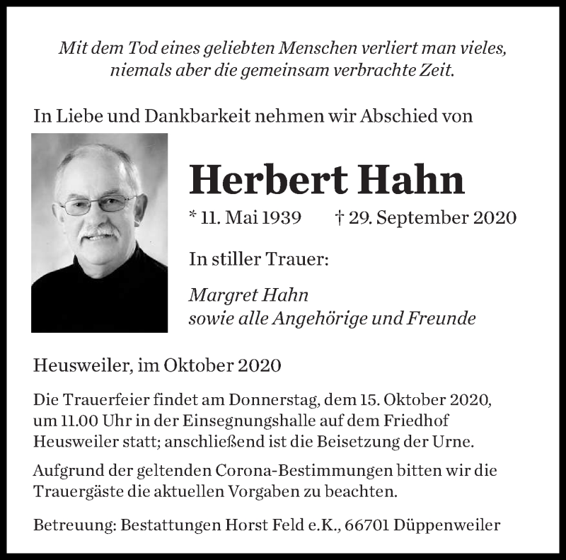  Traueranzeige für Herbert Hahn vom 10.10.2020 aus saarbruecker_zeitung