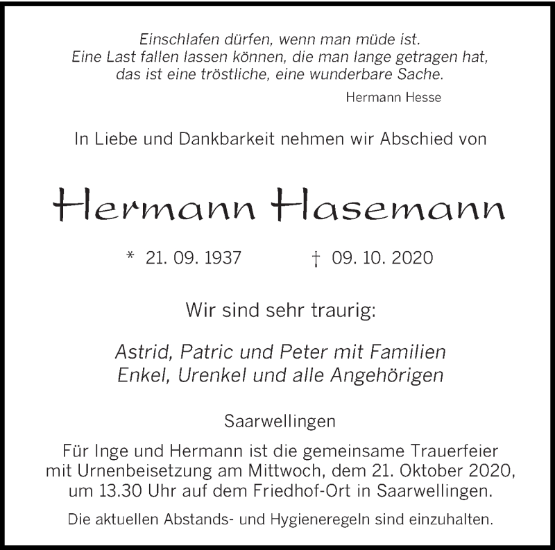  Traueranzeige für Hermann Hasemann vom 17.10.2020 aus saarbruecker_zeitung