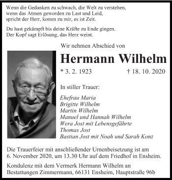 Traueranzeige von Hermann Wilhelm von saarbruecker_zeitung