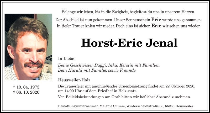  Traueranzeige für Horst-Eric Jenal vom 17.10.2020 aus saarbruecker_zeitung