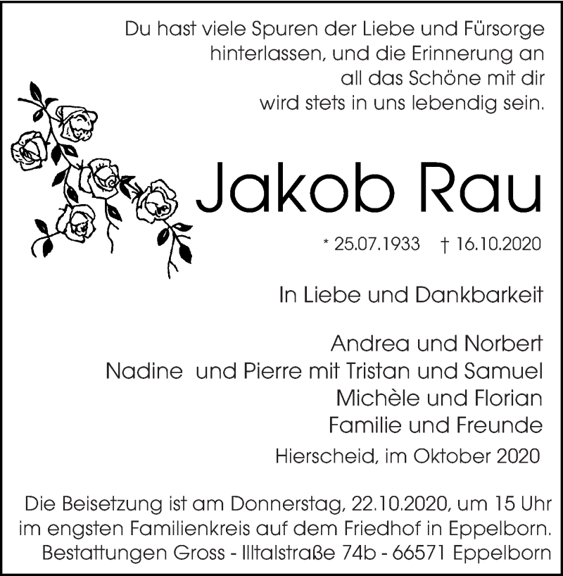  Traueranzeige für Jakob Rau vom 20.10.2020 aus saarbruecker_zeitung