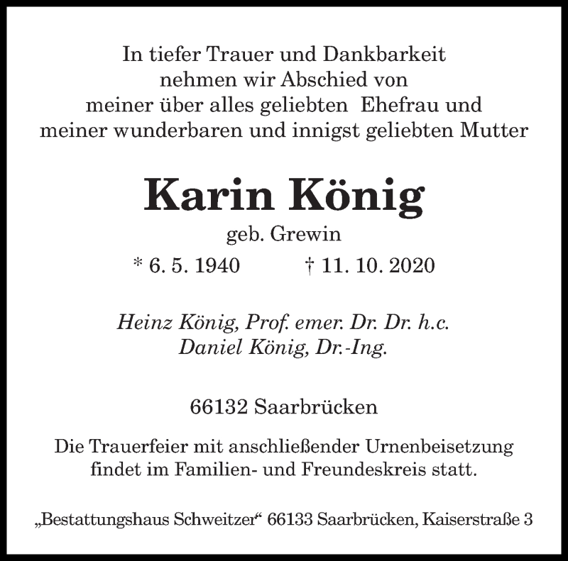  Traueranzeige für Karin König vom 14.10.2020 aus saarbruecker_zeitung