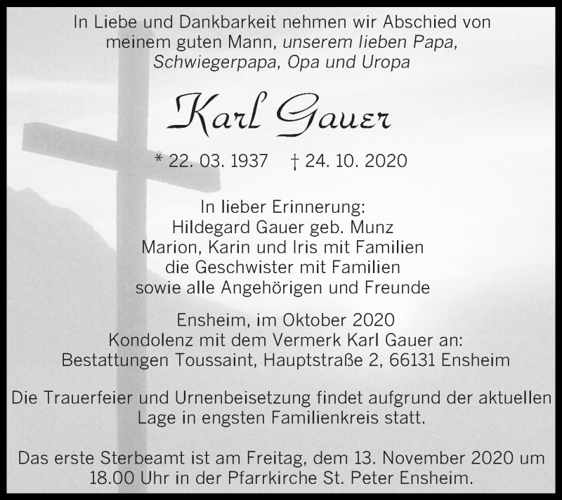  Traueranzeige für Karl Gauer vom 31.10.2020 aus saarbruecker_zeitung