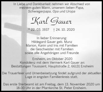 Traueranzeige von Karl Gauer von saarbruecker_zeitung