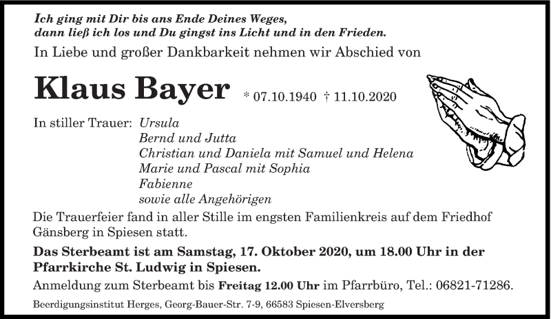  Traueranzeige für Klaus Bayer vom 15.10.2020 aus saarbruecker_zeitung