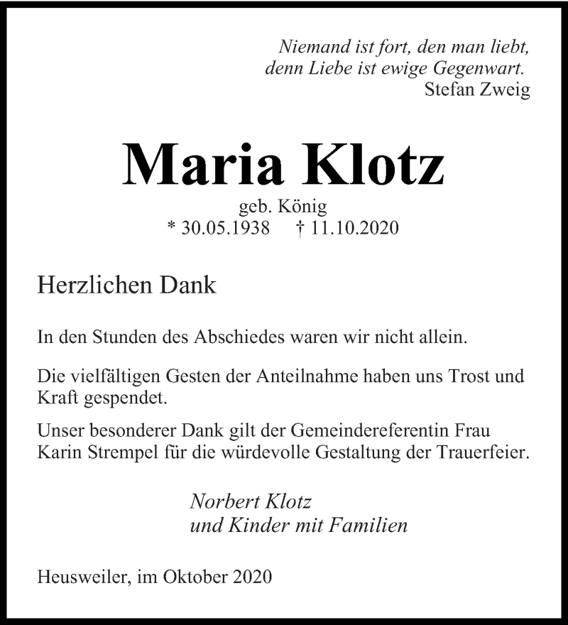  Traueranzeige für Maria Klotz vom 31.10.2020 aus saarbruecker_zeitung