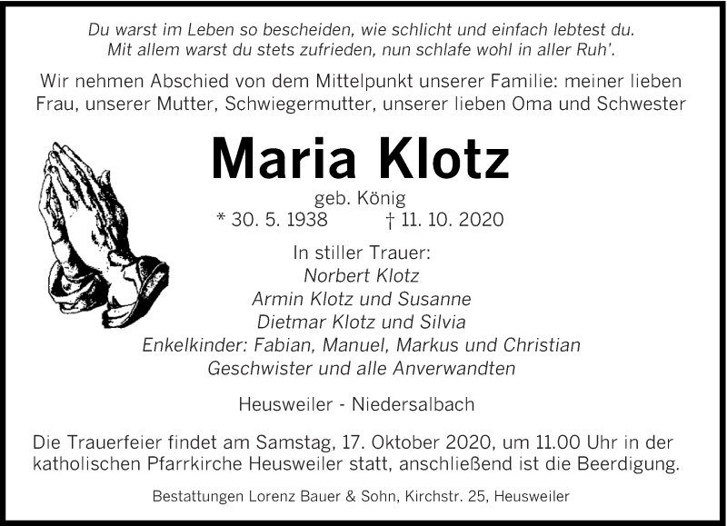  Traueranzeige für Maria Klotz vom 14.10.2020 aus saarbruecker_zeitung