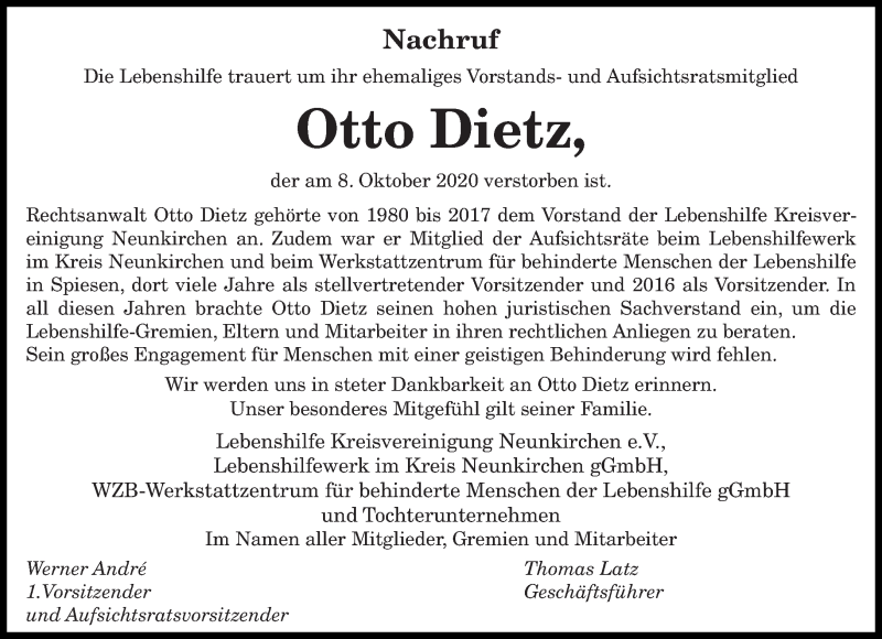  Traueranzeige für Otto Dietz vom 19.10.2020 aus saarbruecker_zeitung