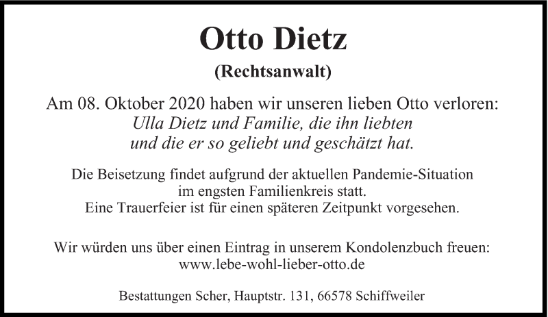  Traueranzeige für Otto Dietz vom 17.10.2020 aus saarbruecker_zeitung