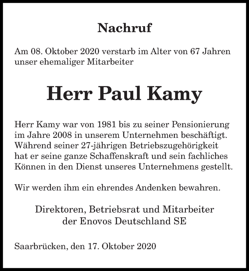  Traueranzeige für Paul Kamy vom 17.10.2020 aus saarbruecker_zeitung