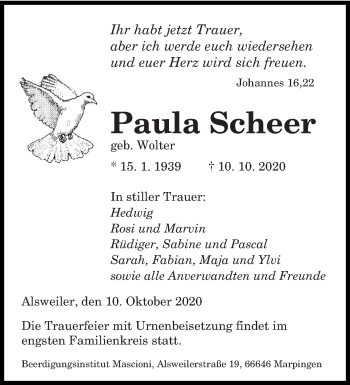 Traueranzeige von Paula Scheer von saarbruecker_zeitung