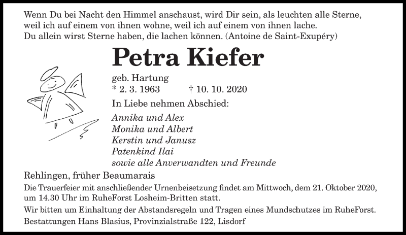  Traueranzeige für Petra Kiefer vom 17.10.2020 aus saarbruecker_zeitung