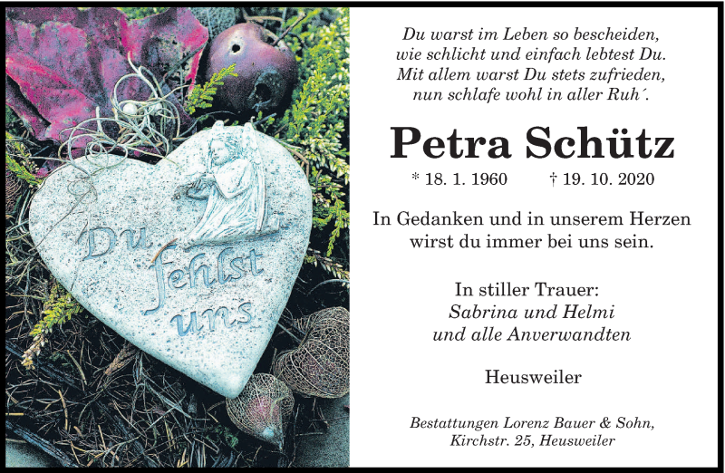  Traueranzeige für Petra Schütz vom 24.10.2020 aus saarbruecker_zeitung