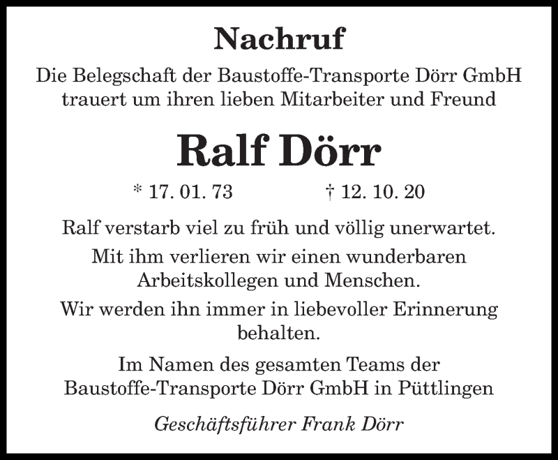  Traueranzeige für Ralf Dörr vom 16.10.2020 aus saarbruecker_zeitung