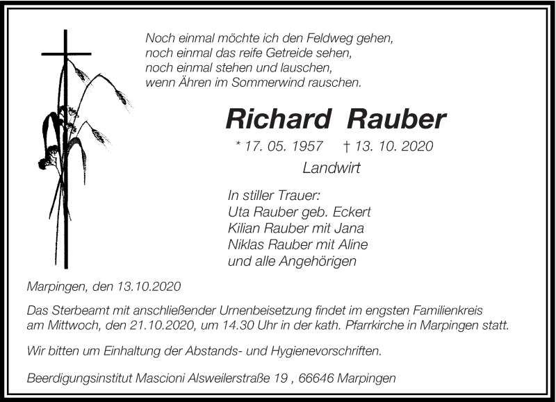  Traueranzeige für Richard Rauber vom 17.10.2020 aus saarbruecker_zeitung
