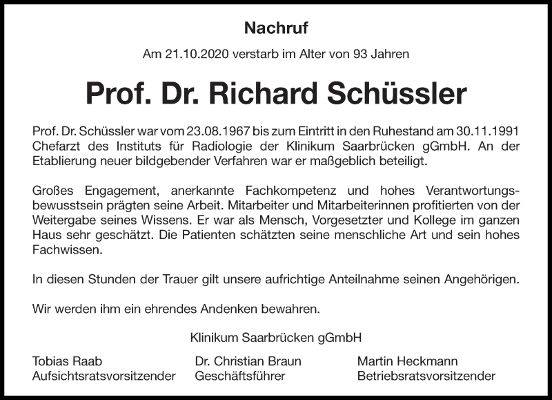  Traueranzeige für Richard Schüssler vom 31.10.2020 aus saarbruecker_zeitung