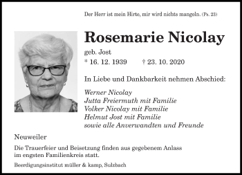 Traueranzeige von Rosemarie Nicolay von saarbruecker_zeitung