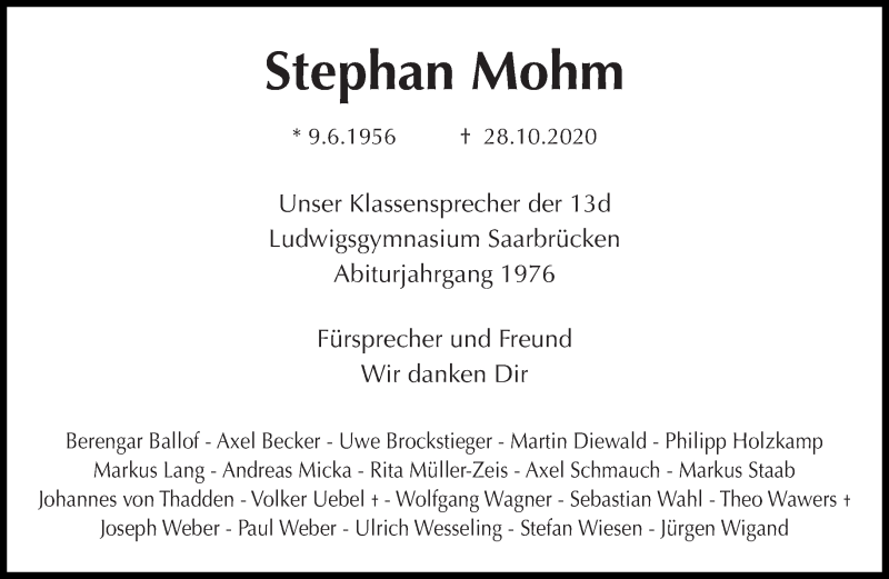  Traueranzeige für Stephan Mohm vom 31.10.2020 aus saarbruecker_zeitung