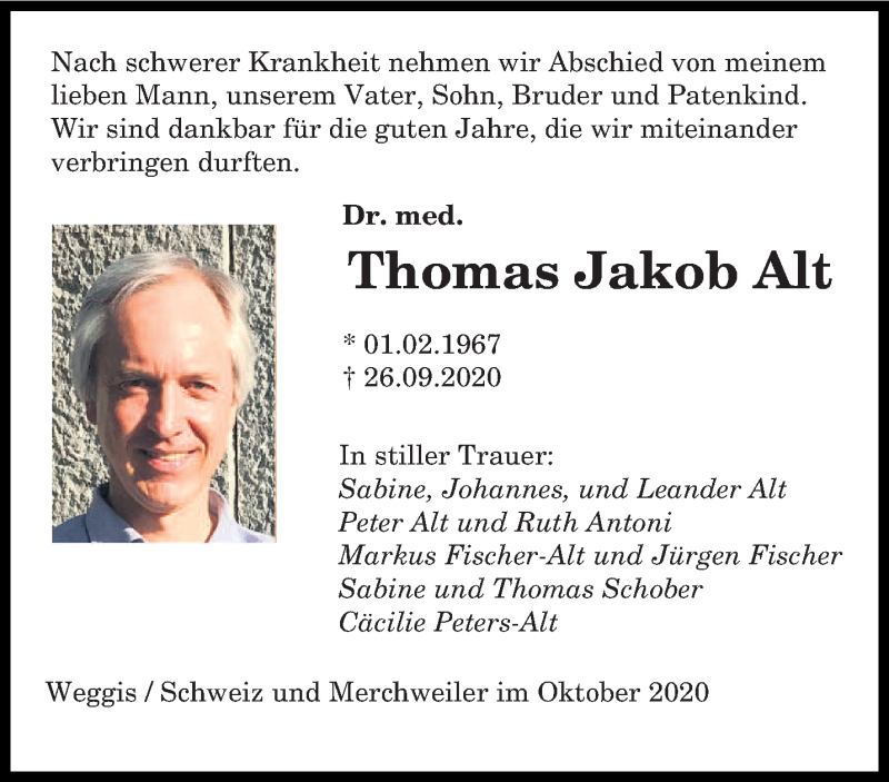  Traueranzeige für Thomas Jakob Alt vom 17.10.2020 aus saarbruecker_zeitung