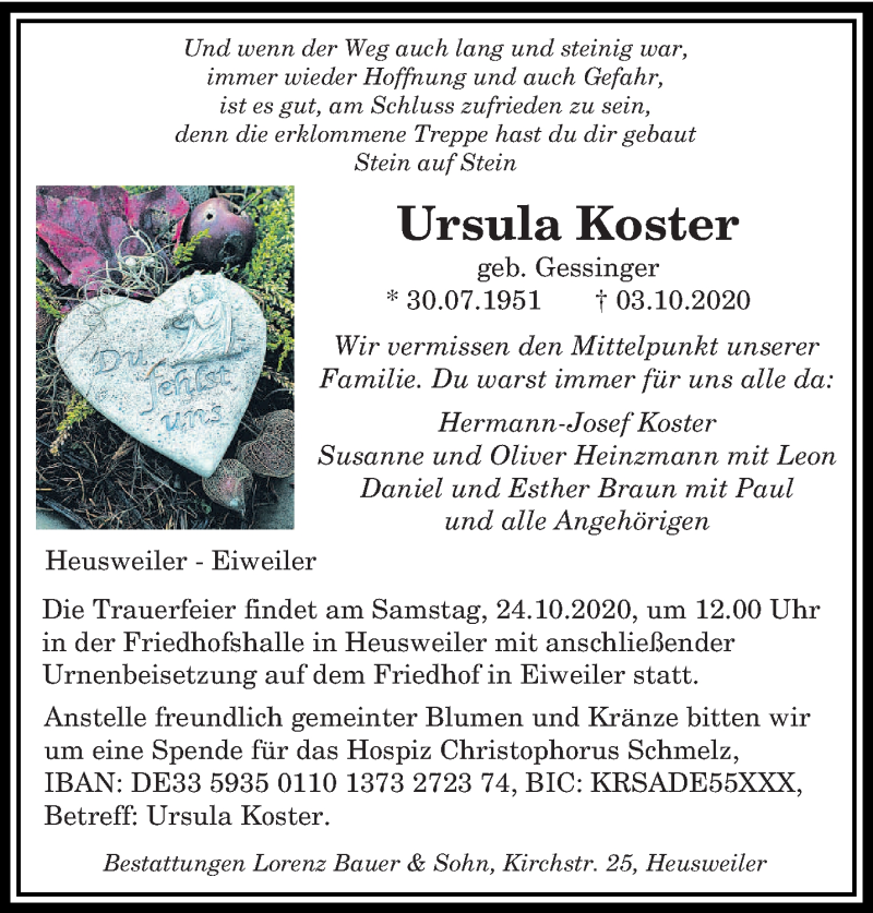  Traueranzeige für Ursula Koster vom 10.10.2020 aus saarbruecker_zeitung