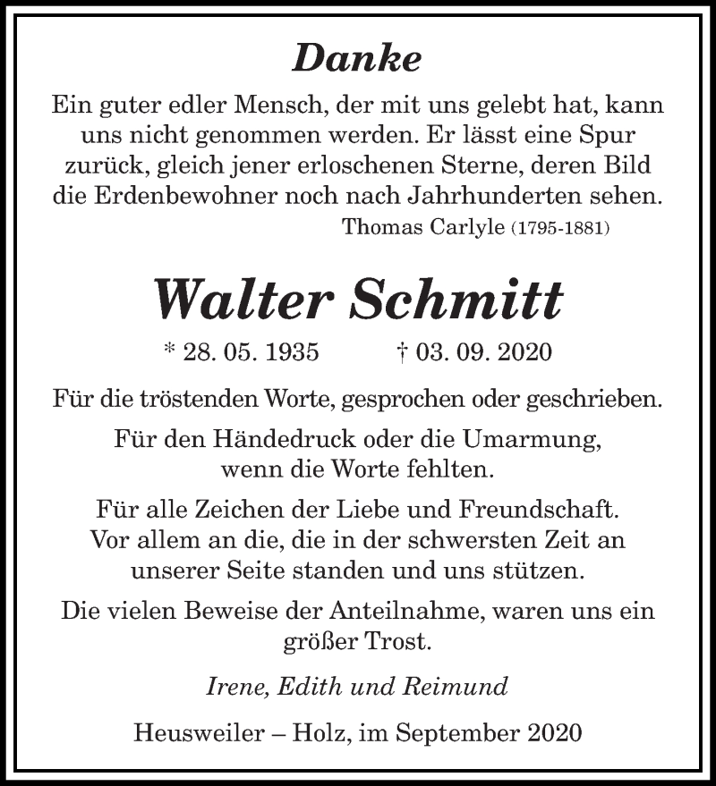  Traueranzeige für Walter Schmitt vom 02.10.2020 aus saarbruecker_zeitung