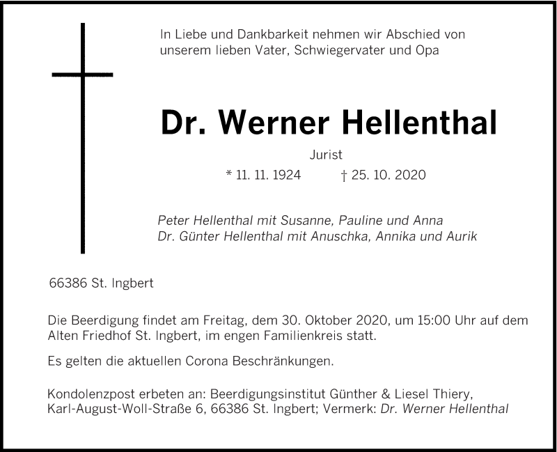  Traueranzeige für Werner Hellenthal vom 28.10.2020 aus saarbruecker_zeitung
