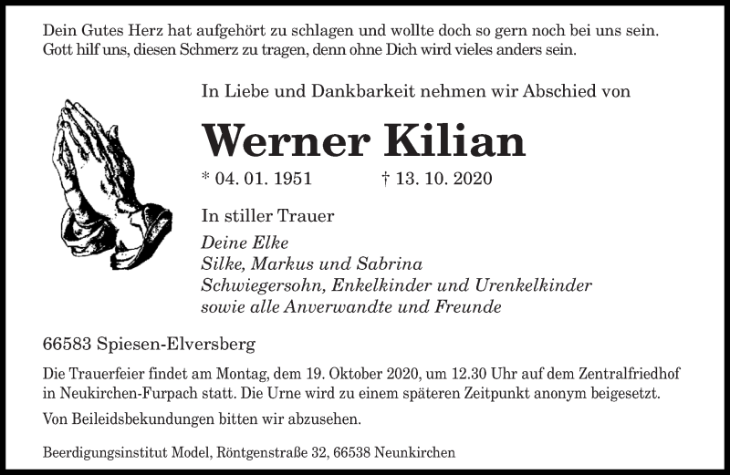  Traueranzeige für Werner Kilian vom 15.10.2020 aus saarbruecker_zeitung