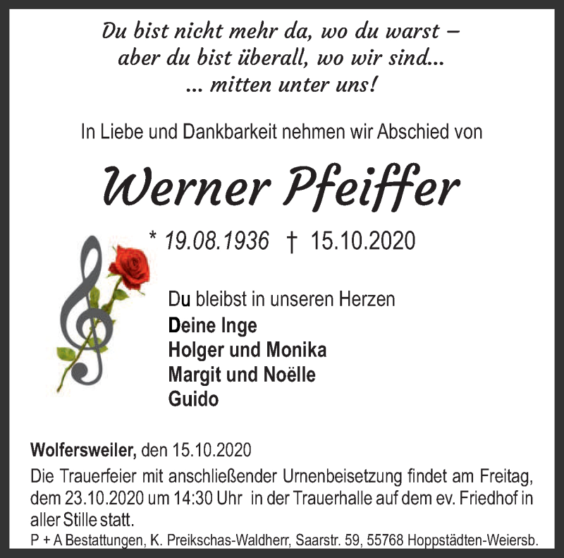  Traueranzeige für Werner Pfeiffer vom 19.10.2020 aus saarbruecker_zeitung