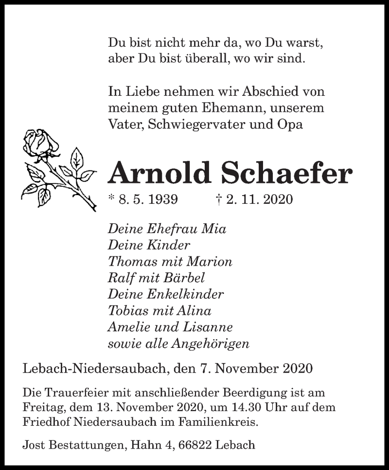  Traueranzeige für Arnold Schaefer vom 10.11.2020 aus saarbruecker_zeitung