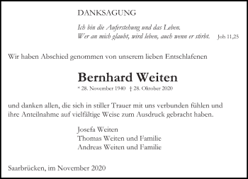 Traueranzeige von Bernhard Weiten von saarbruecker_zeitung