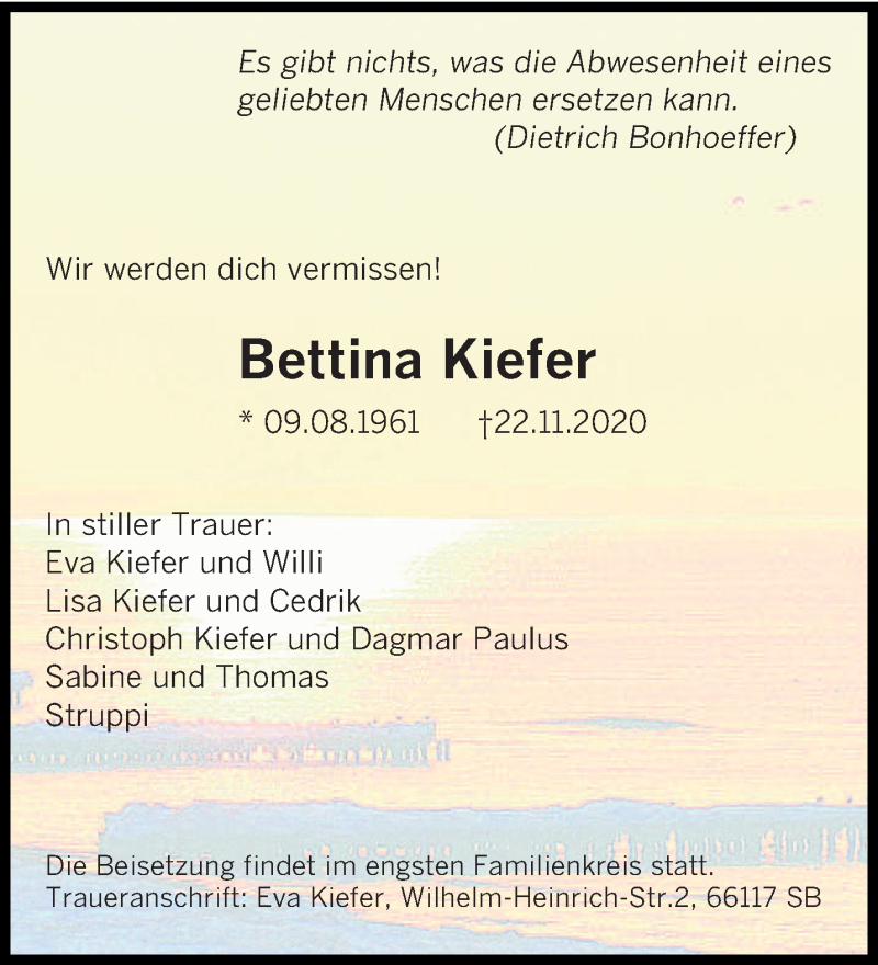  Traueranzeige für Bettina Kiefer vom 28.11.2020 aus saarbruecker_zeitung