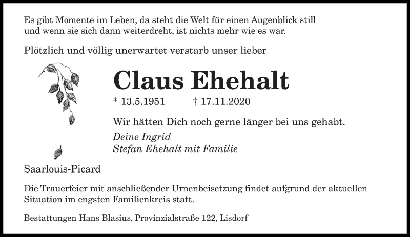  Traueranzeige für Claus Ehehalt vom 21.11.2020 aus saarbruecker_zeitung