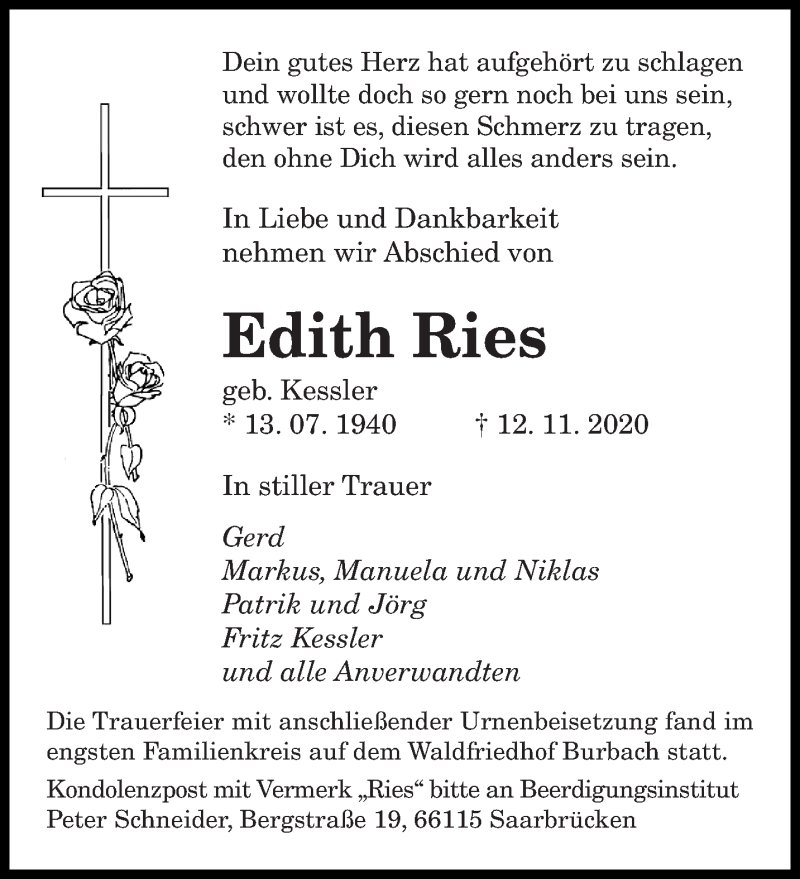  Traueranzeige für Edith Ries vom 28.11.2020 aus saarbruecker_zeitung