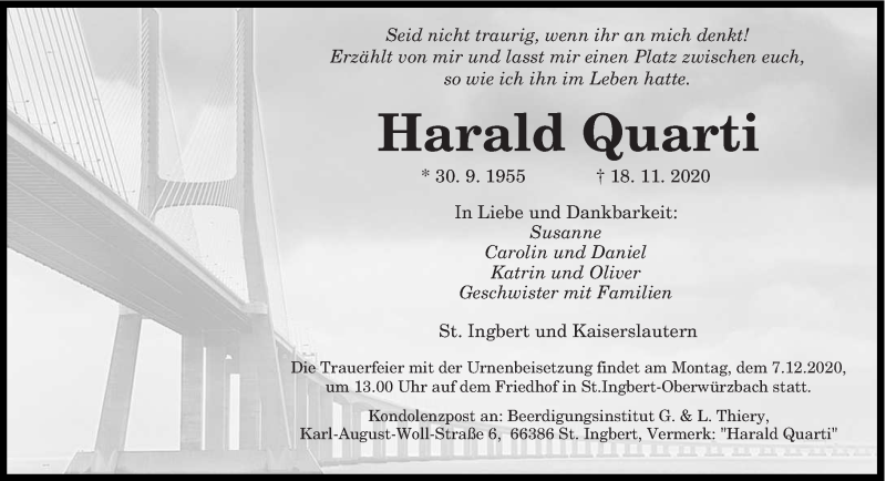  Traueranzeige für Harald Quarti vom 28.11.2020 aus saarbruecker_zeitung