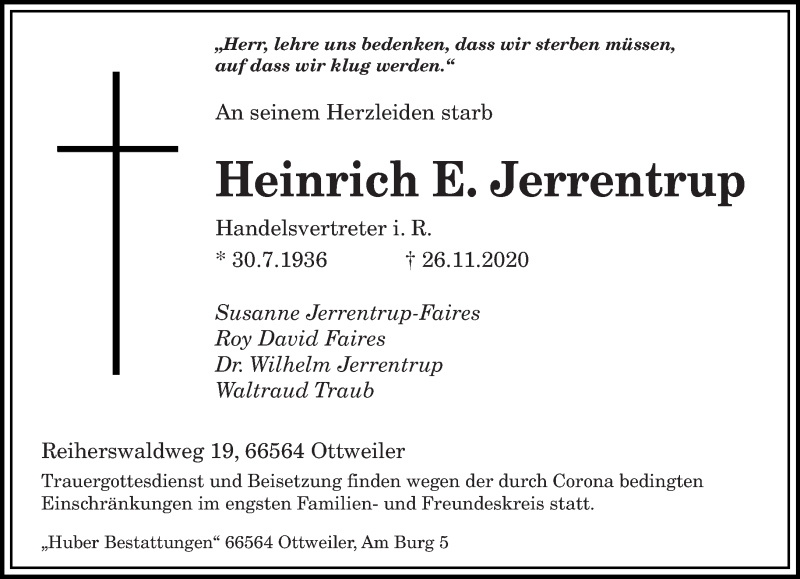  Traueranzeige für Heinrich E. Jerrentrup vom 28.11.2020 aus saarbruecker_zeitung