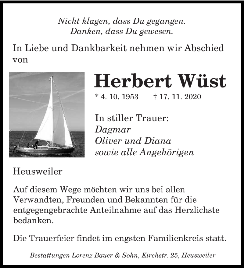  Traueranzeige für Herbert Wüst vom 28.11.2020 aus saarbruecker_zeitung