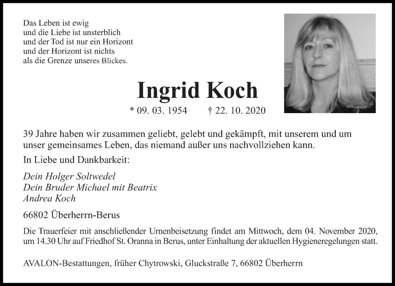  Traueranzeige für Ingrid Koch vom 31.10.2020 aus saarbruecker_zeitung