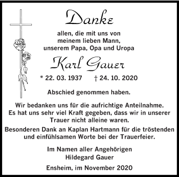 Traueranzeige von Karl Gauer von saarbruecker_zeitung