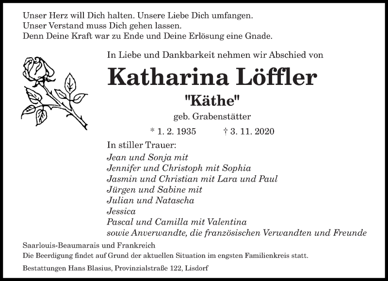  Traueranzeige für Katharina Löffler vom 05.11.2020 aus saarbruecker_zeitung